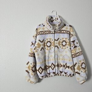 Cozy Aztec Sherpa Zip-Up Jacket in Cream, Brown & Light Blue Sz L